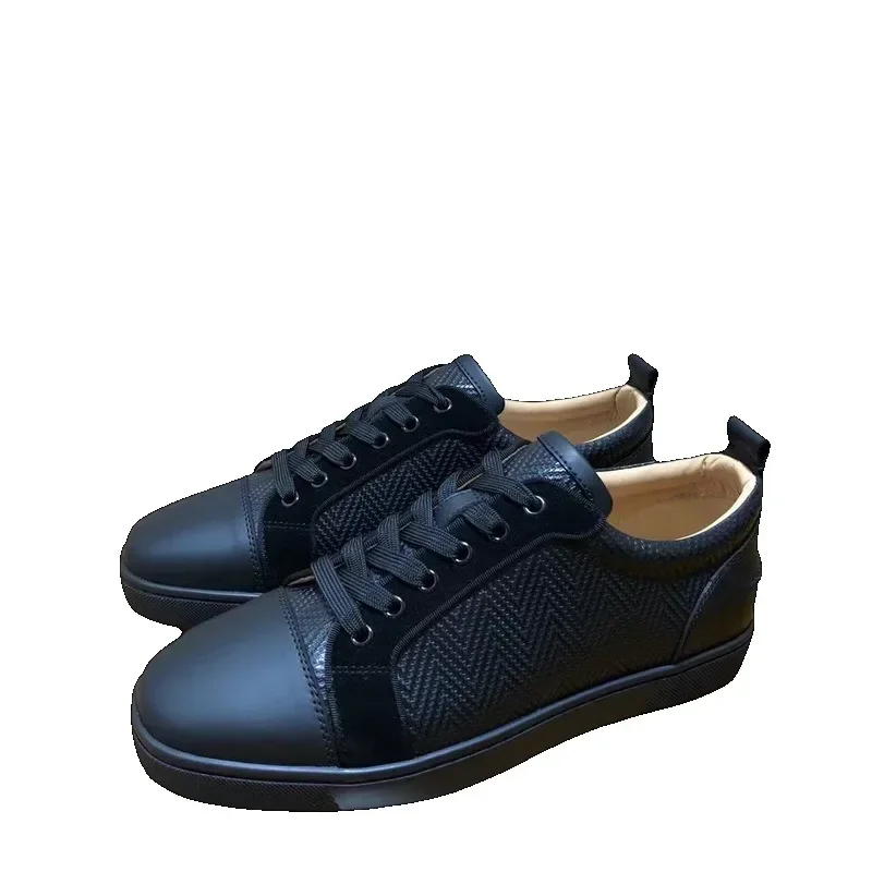 Zapatos bajos de marca de lujo de diseñador con fondo rojo para hombre, zapatillas deportivas para conducir con pinchos, tejido negro, zapatillas planas con remaches de cuero genuino