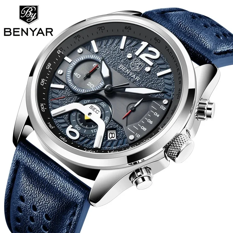 BENYAR 5171 Men's Fashion Quartz Chronograph Watch, Leather Strap, Luminous Hands, Calendar Display, Military Sports Wristwatch,