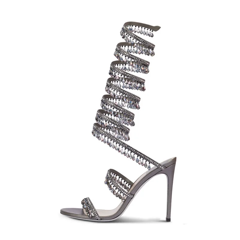 Thin high-heeled sandals summer new snake-shaped wrapped crystal pendant fringed rhinestone shoes banquet large-size women shoes view 5