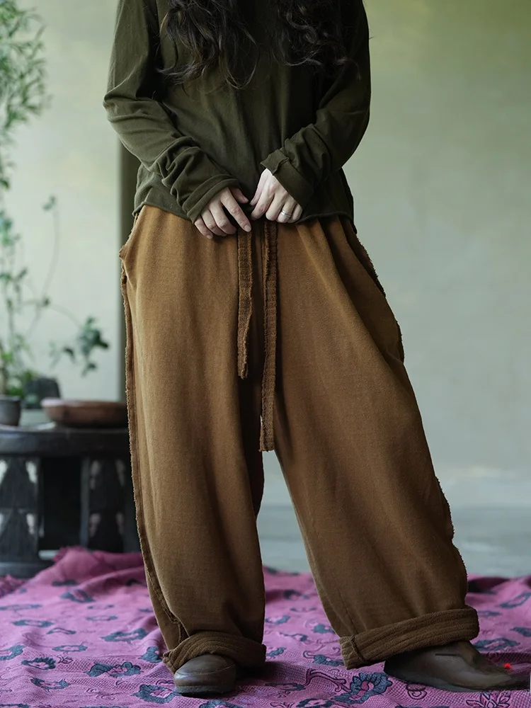 

Original Design Artistic Loose Fit Cotton Linen Sweatpants Versatile Comfortable Wide Leg Pants Natural Waist Long Trousers
