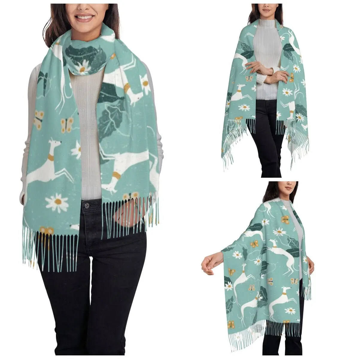 Women's Scarf with Tassel Greyhound And Butterfly Long Winter Warm Shawl and Wrap Whippet Sighthound Dog Gifts Cashmere Scarf