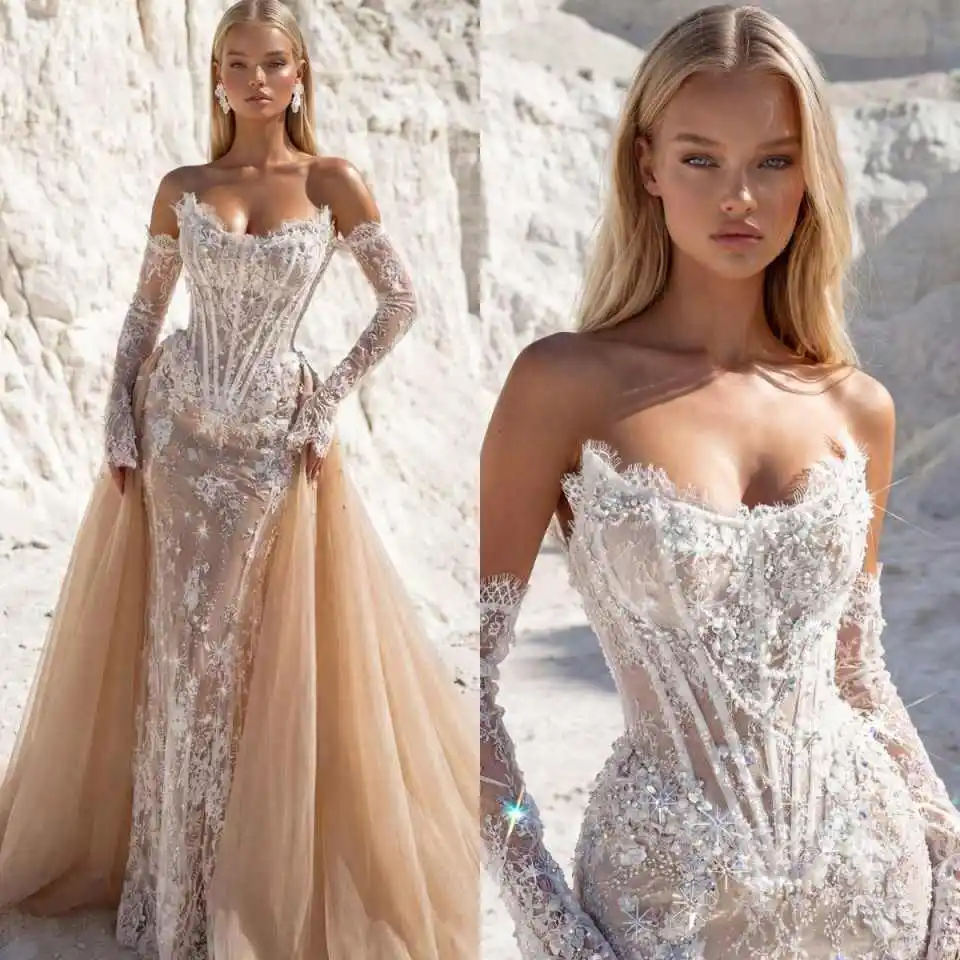 Gorgeous Mermaid Wedding Dress With Strapless Applique Floor-Length Lace Bridal Gowns Plus Size Formal Occasion Customized