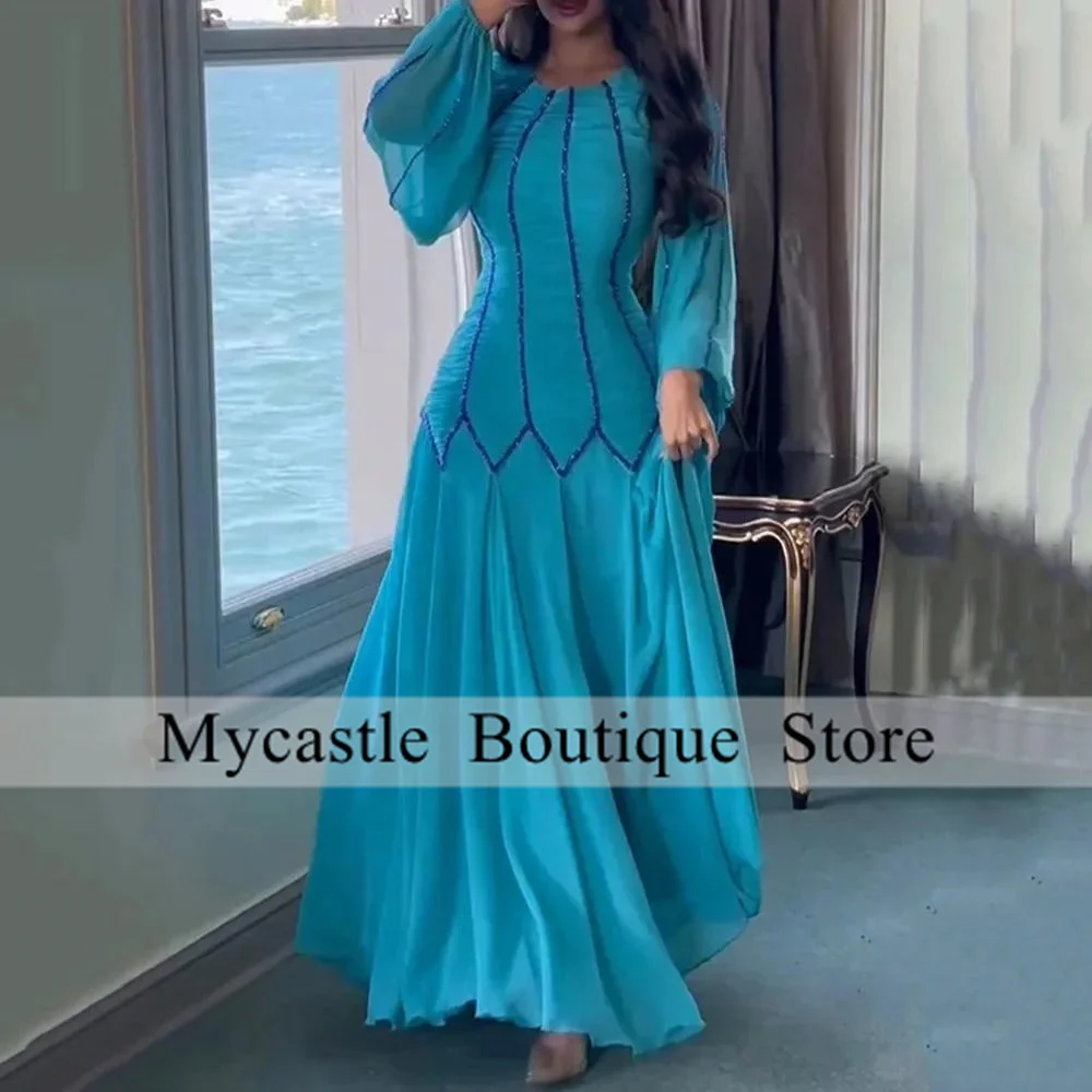 Vestido de noche azul cielo, corte en A, personalizado, cuello redondo, mangas abullonadas, gasa con cuentas, largo hasta el suelo, vestido de fiesta árabe, vestido de fiesta saudí