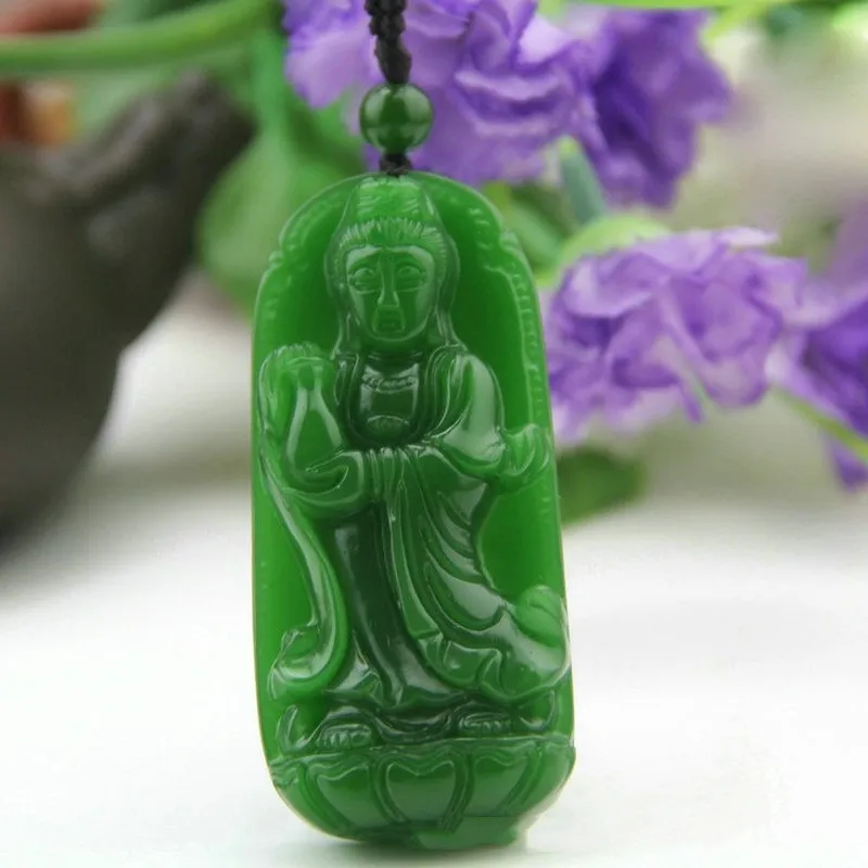 

Natural Xinjiang Hotan Jade Jade Station Guanyin Pendant Men's Spinach Green Sweater Chain Pendant