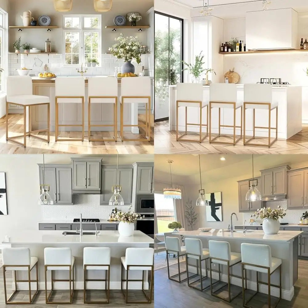 

4-Piece White and Gold Leather Bar Stool Set for Kitchen Counter Height