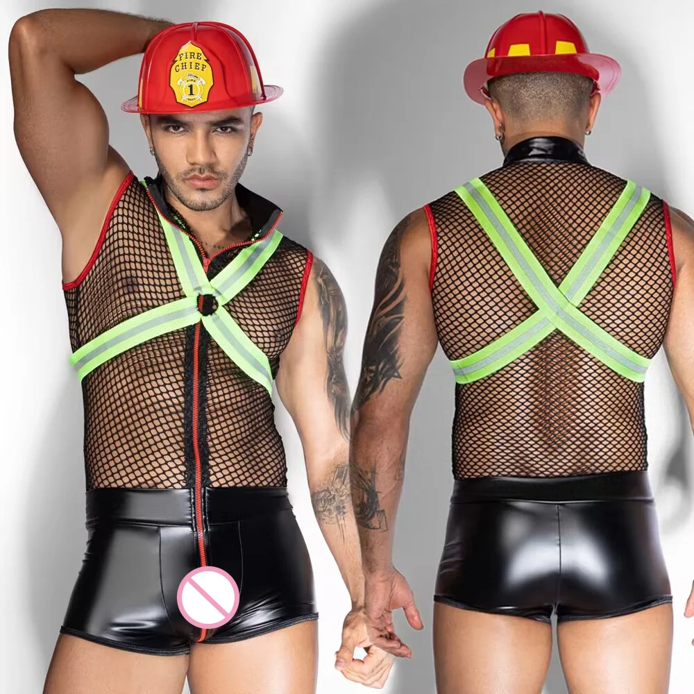 

Fire Men Top Tee Fishnet Leather Tight Boxer Reflect Light Bandage Bodysuit Firefighter PU Night Club Role Play Jumpsuit Red Hat