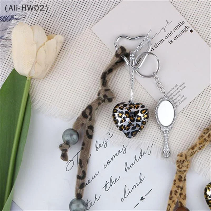 American Retro Leopard Resin Love Heart Webbing Key Makeup Mirror Personalized Pendant Keychain Bag Charm