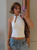 Weird Puss Cheongsam Buckle Tank Tops Women Y2K Summer Trend Basic Classic Hollow Solid Simple Street Stretch Daily Chic Vest