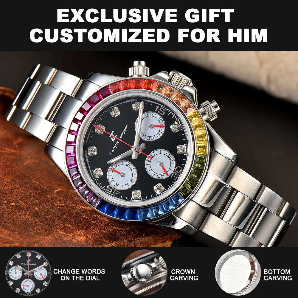 DIY Custom Logo 39.3MM Sapphire VK63 Mens WristWatch Sterile Dial 5 Bar Luminous Sport Male