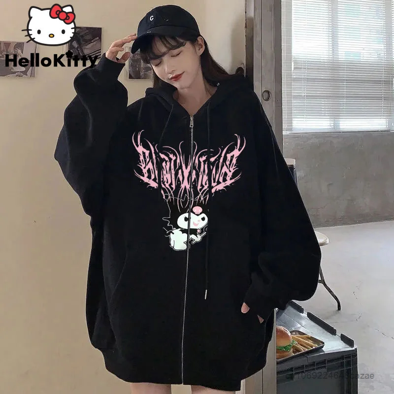 Sanrio Kuromi Clothes Women Harajuku Sweatshirts American Style Spring Long Sleeve Hoodies Y2k New Trendy Zip Up Coat Loose Tops