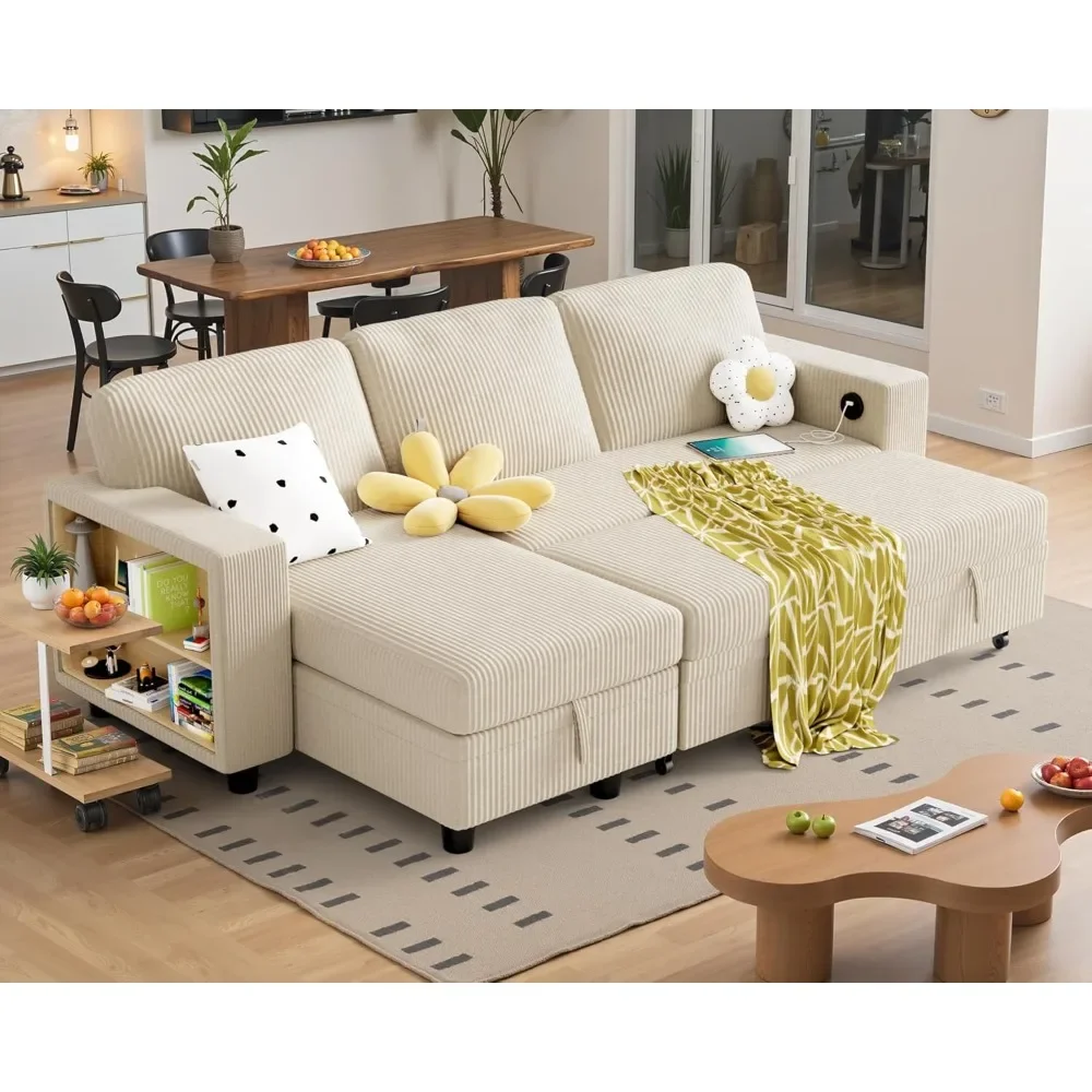 L-Shaped Sofa Bed Convertible Sectional Couch with Sleeper & Storage - Beige Living Room Furniture