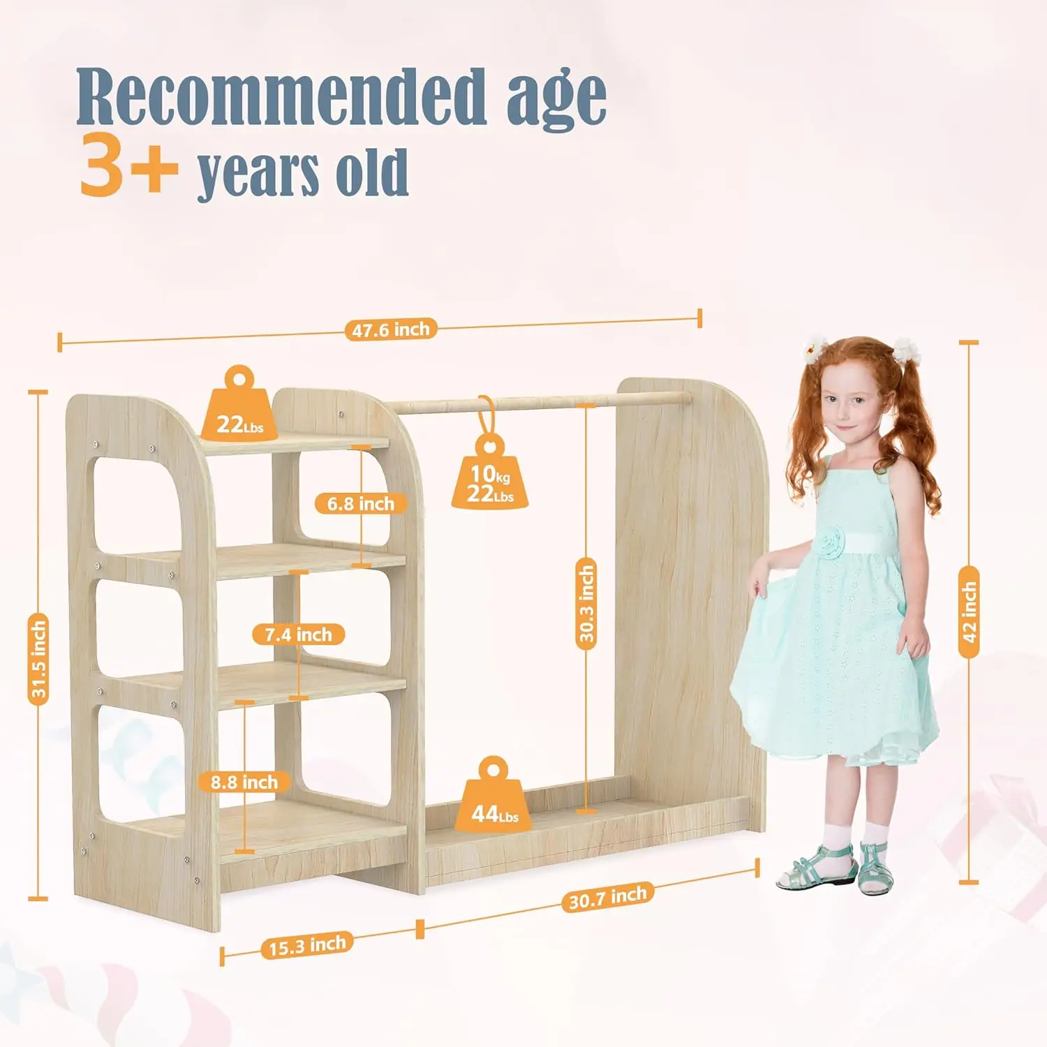 Up Storage with Mirror, Montessori Kids Dress Up Rack, Wooden Dress Up Storage Rack for Little Girls and Boys, Kids Costume Rack