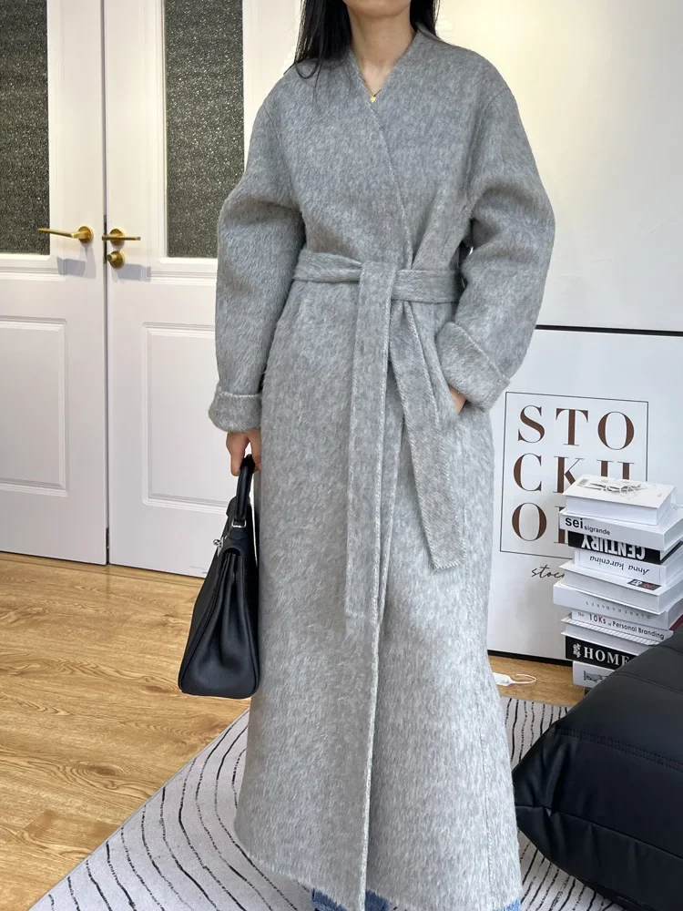 Luxury Women V-neck Double-sided Alpaca Wool Coat Loose Lace-up Bathrobe Long Woolen Coat Female Tweed Jacket Autumn Winter