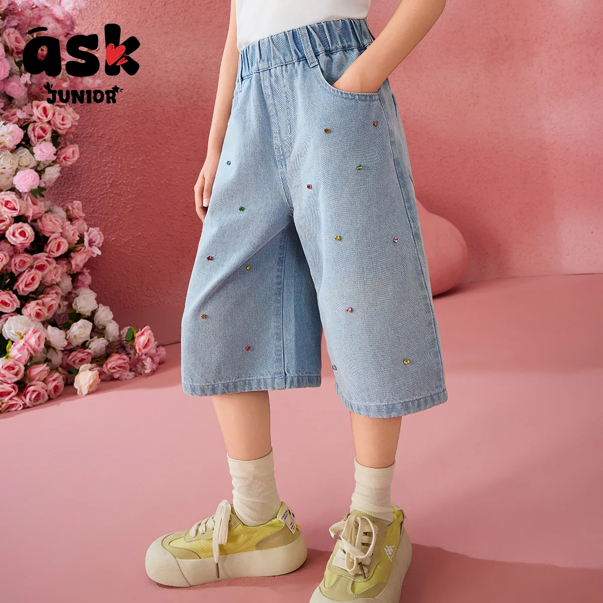 بنطال جينز مغسول بألوان متباينة من الكريستال الماسي للفتيات الصيفي للأطفال #1