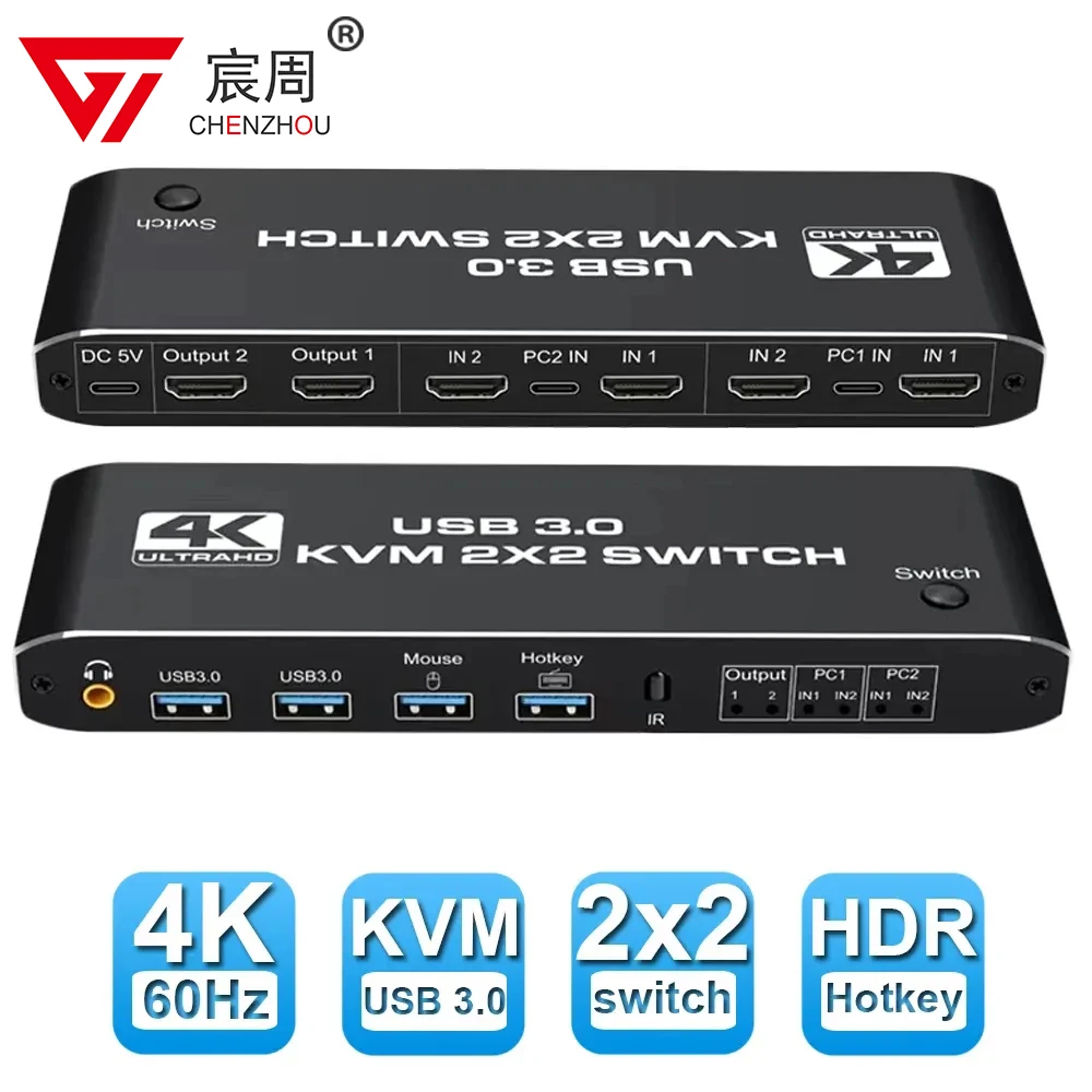 

KVM-переключатель 2X2 HDMI 4K 60 Гц, KVM HDMI с двойным монитором, Расширенный дисплей, USB KVM-переключатель, 2 в 2 выхода, для 2 компьютеров, совместное использование 2 мониторов