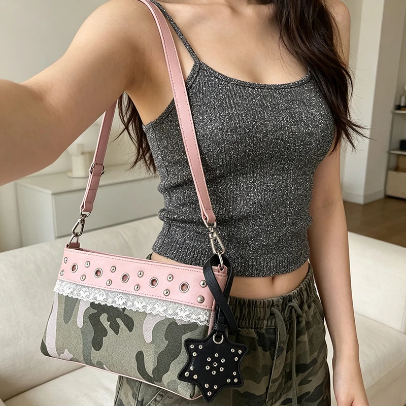Y2k Color-blocked Shoulder Bag, Rivets Lace Trim Sweet Elegant Underarm Bag Women's Fashion Versatile Purse Commute Hobo Bag
