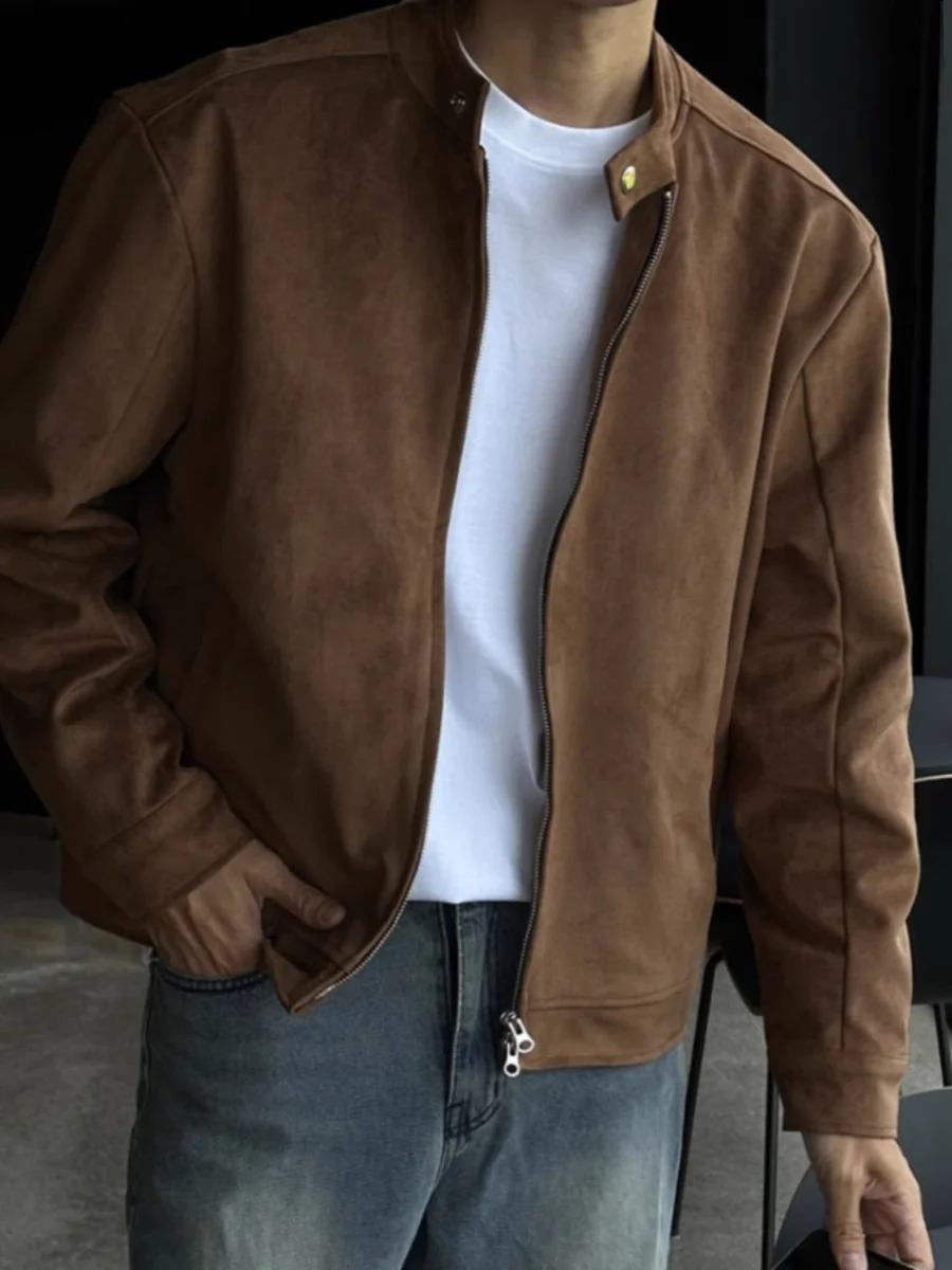 

Ранняя осень, коричневая куртка с воротником-стойкой, верхняя одежда, свободные американские рукава, теплые ворота, мужская модная куртка-стойка с длинным рукавом