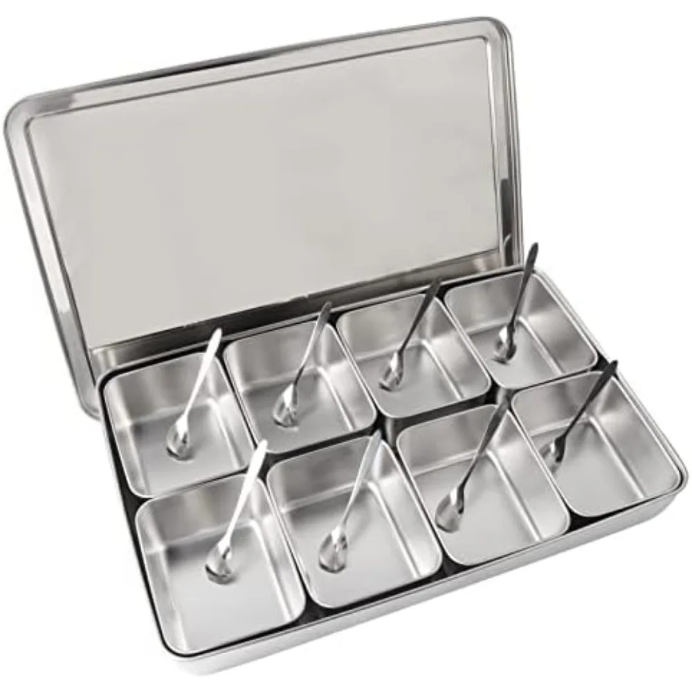 

Seasoning Box Set, 8 Grids Seasoning Rack Pots Condiments Container with Lids and Spoons Divided Serving Tray for Salt Sugar Cr