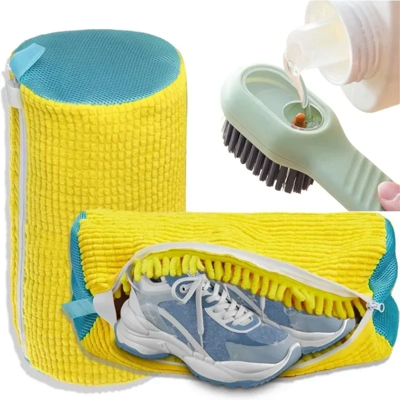 Shoe Washing Machine Bag with Soft Bristle Brush Set - Durable Laundry Bag & Liquid Shoe Cleaner Brush for All Shoes