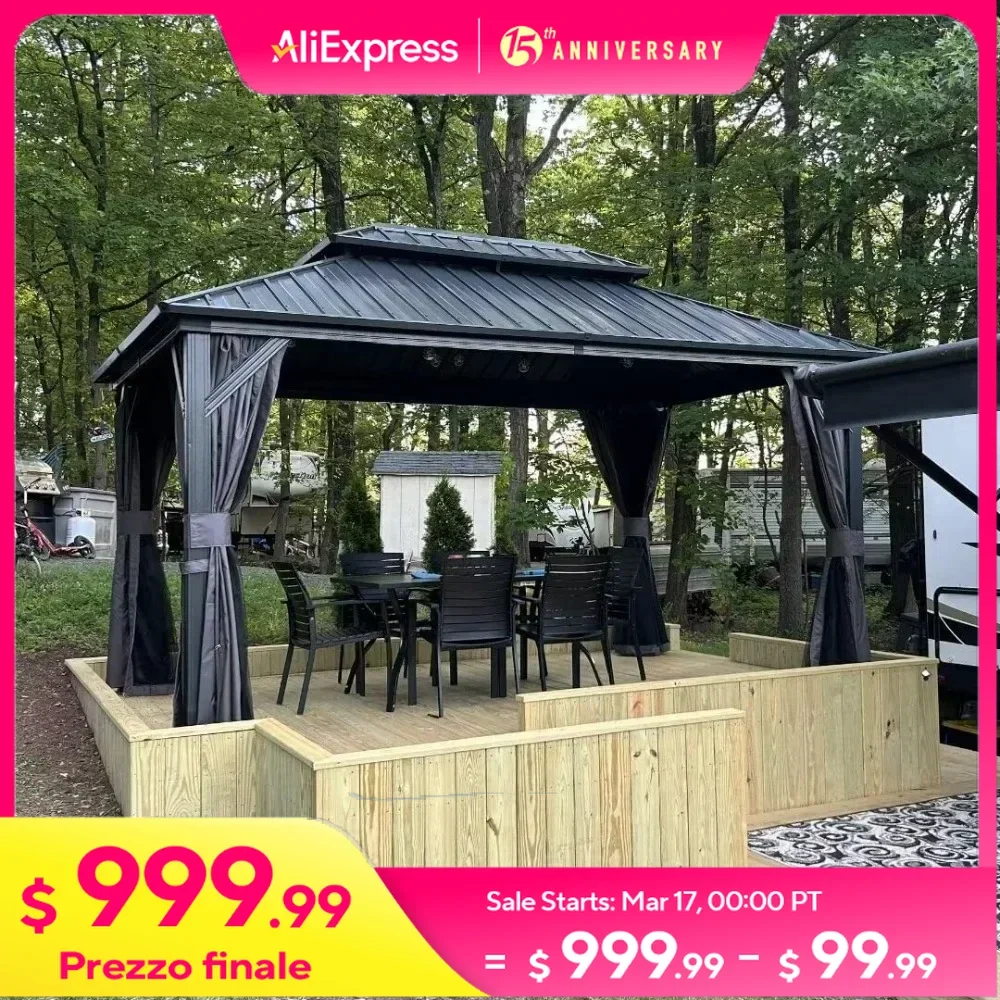 10’ X 12’ Hardtop Gazebo Canopy with Netting & Curtains, Outdoor Aluminum Gazebo with Galvanized Steel Double Roof