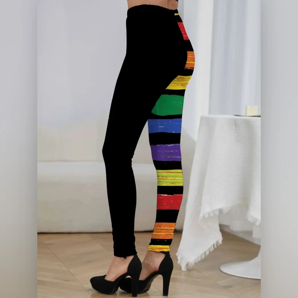 Rainbow Stripes Matching color & Floral print Stretch slim elastic waist casual leggings for women