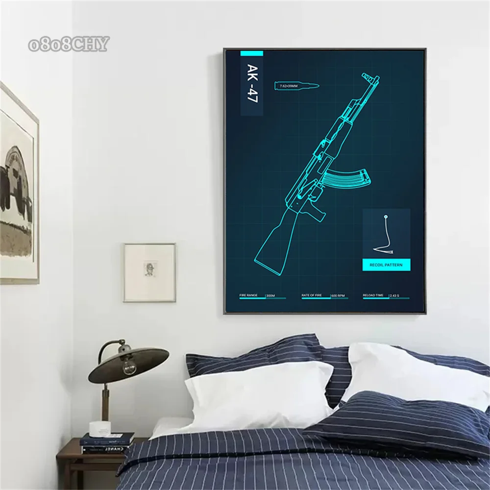 Abstract Gun Blueprint Wall Art Pictures AK47 Gun Blueprint Posters Canvas Print Painting for Modern Home Living Room Decor Gift