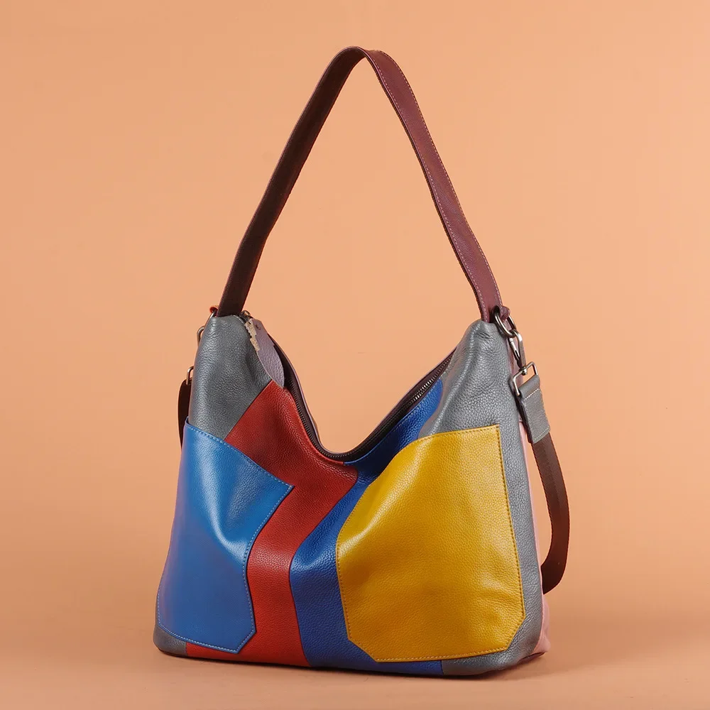 Random Color New Arrival Genuine Leather Women's Shoulder Bag Handcrafted with Colorful Patchwork