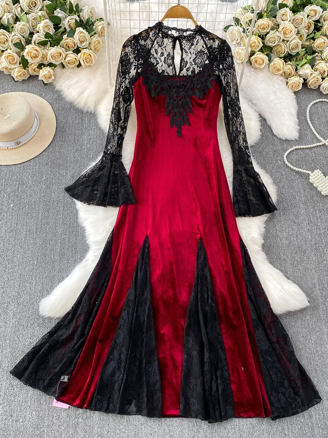 Ele veludo renda redonda ne bell sve longo dr feminino cintura alta a linha fi cauda vestido sofisticado sensação dr