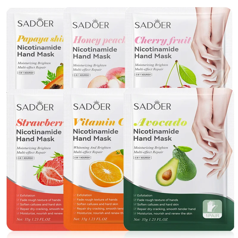 

6 Pairs SADOER Fruit Hand Mask Avocado Honey Peach Papaya Cherry Strawberry Vitamin C Moisturizing Masks For Hands Skin Care