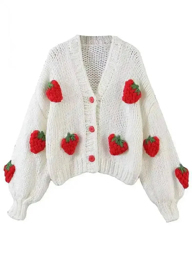 Strawberry Knited Sweet Sweater Womne's V-neck Puff Sleeves Single Breasted Chic Sweaters 2025 Spring New NSE4