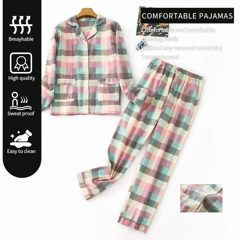 100% Pure Cotton Long Cardigan Multi-color Plaid Home Pajama Set Women\'s Pure Cotton Comfortable Home Casual Pajama Set