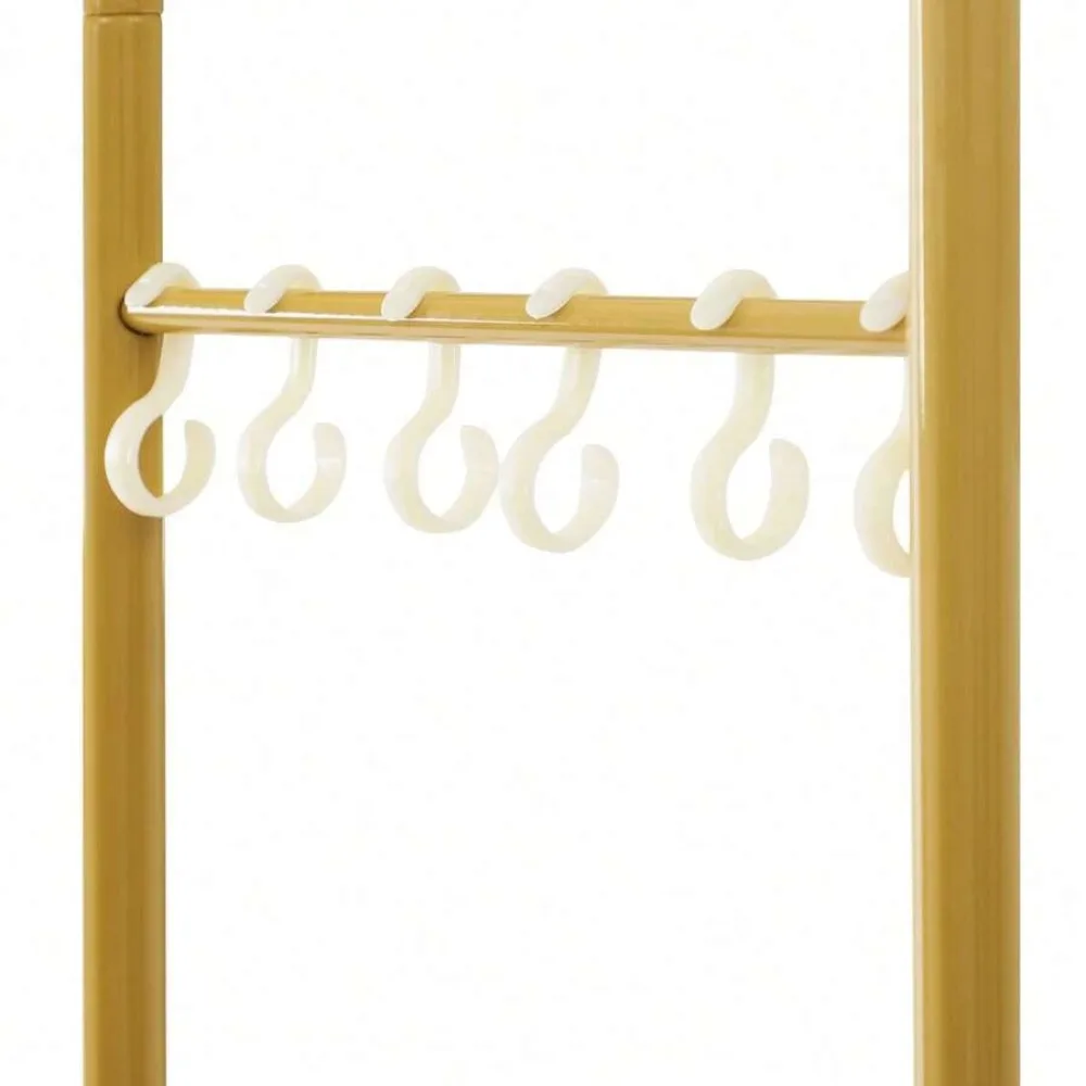 Modern Gold Clothes Rack with Bottom Shelves and 6 Hooks, Heavy Duty Floor Standing Garment Rack Coat Tree, Adjustable Pads, Metal Clothing Storage Organizer for Hanging Coats Jackets Hats Bags Towels, Freestanding Wardrobe Rack for Entryway Bedroom view 8