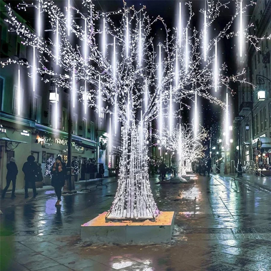 Cadena de luces de jardín de lluvia de meteoritos, luces de hadas de Navidad para fiesta de boda, decoración de vacaciones, carámbano de gota de lluvia al aire libre, 50CM, 8 tubos