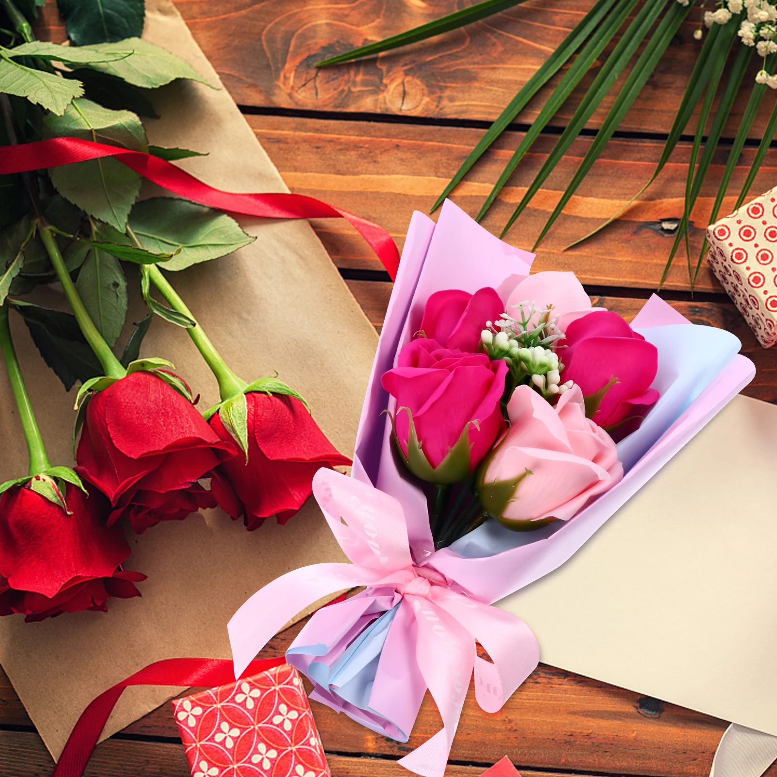 

5 Soap Roses Realistic Bouquet Safe Decorative Valentine Rose Bouquet Soap Flower Gift Box Artificial Rose Wedding Anniversary
