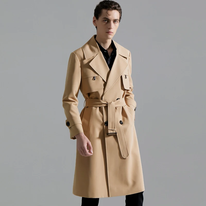 

2022 Khaki Long Style Mens Trench Luxury Autumn Winter Double Breasted Male Jackets Fashion Loose Man Coats With Belt 6XL