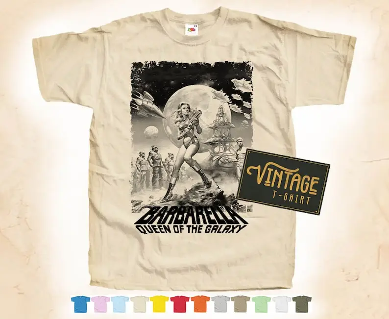 

Black Print: BARBARELLA V3 T shirt Tee Natural VINTAGE Cotton Movie Poster Beige 12 colors All Sizes