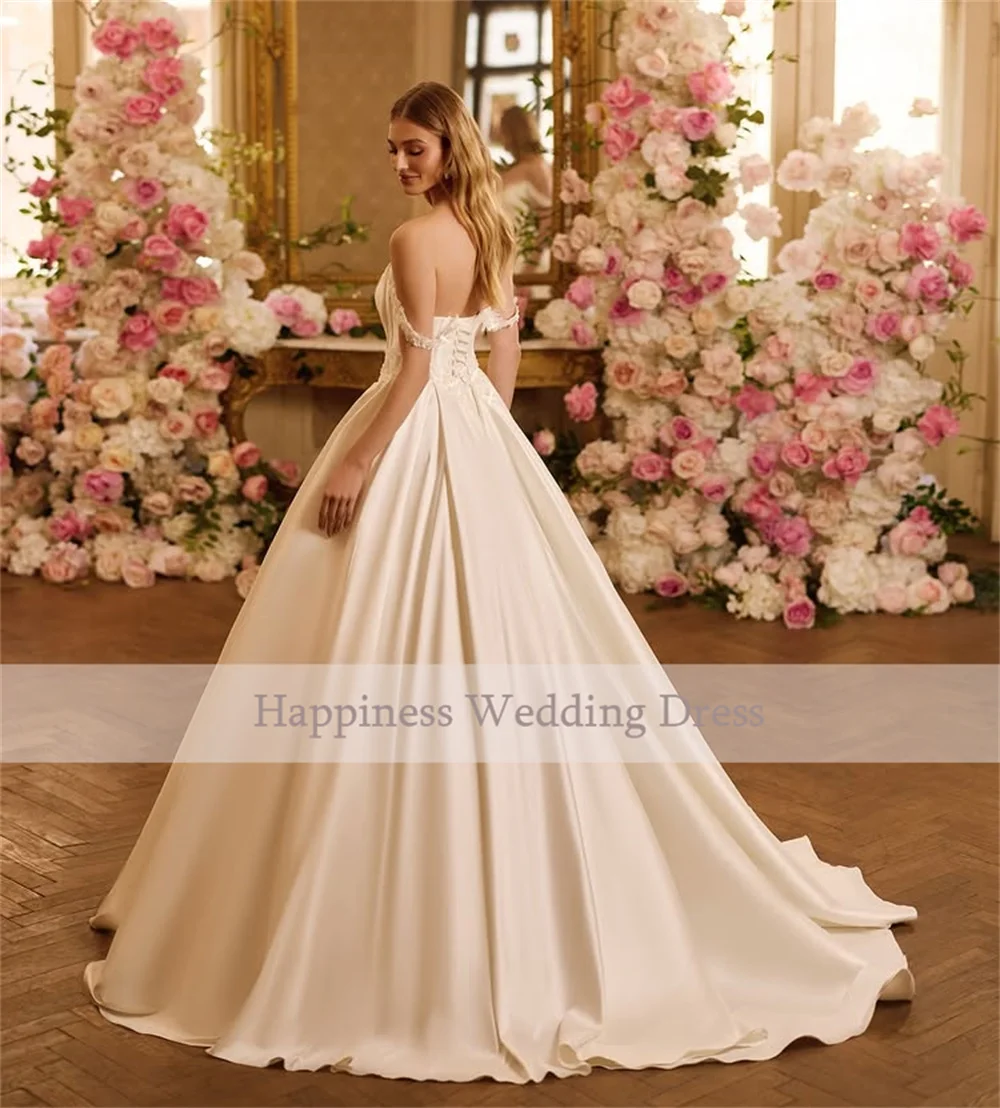 Customized Off Shoulder Sweetheart Neckline A-Line Satin Wedding Dress Sexy Lace-up Back Floor Length Sweep Train Gown For Bride