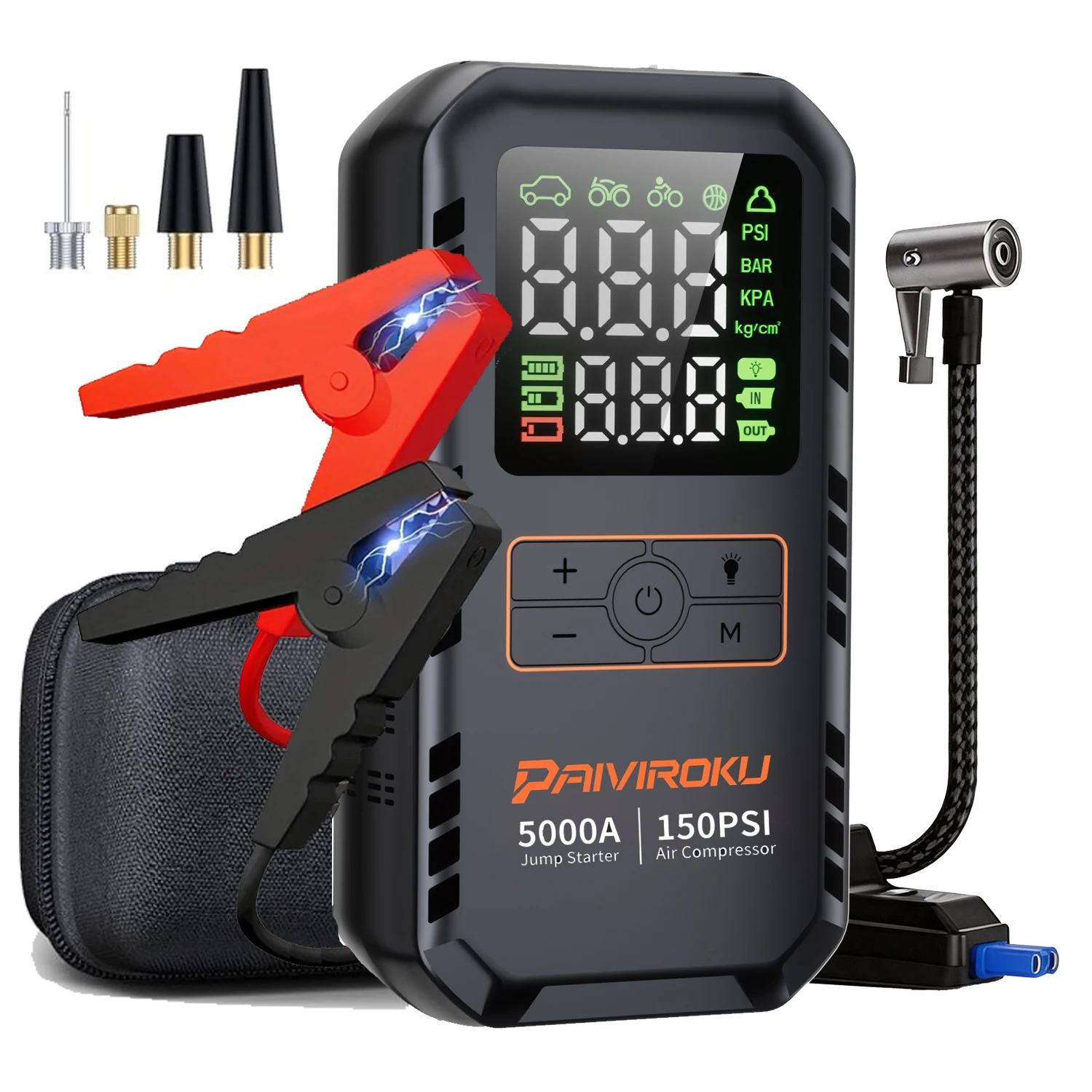 PAIVIROKU 4-IN-1 Car Jump Starter with Air Compressor 5000APeak Auto Battery Booster 150PSI Air Pump Power Bank Tire Inflator
