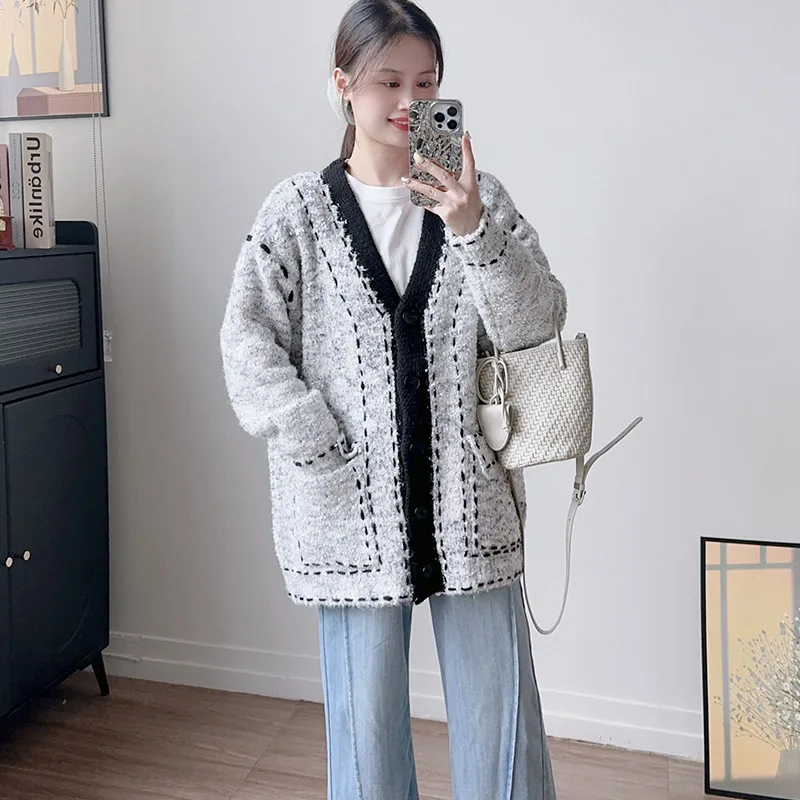 

Женский вязаный кардиган, свитера, джемпер с v-образным вырезом и длинными рукавами, однобортный, свободный крой, повседневный, осень-зима 2023 г.