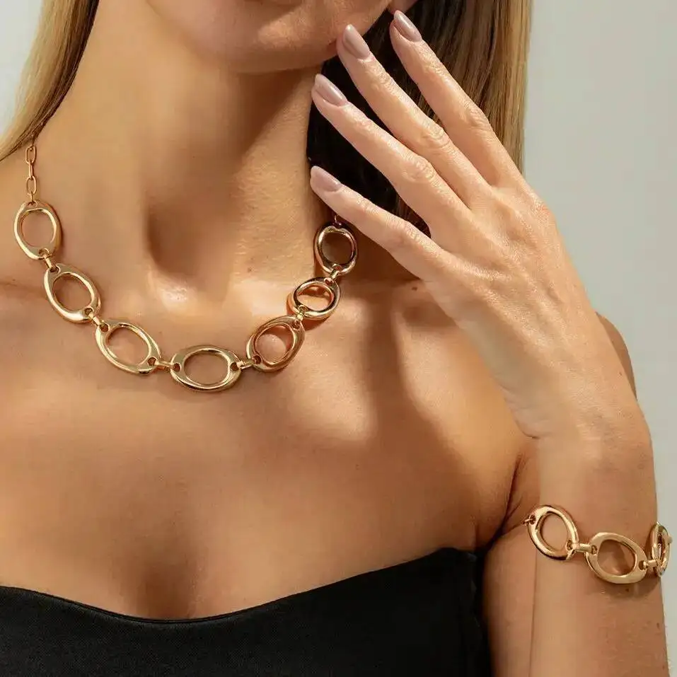 PuRui الشرير ريترو غير النظامية الجوف خارج القطع الناقص قلادة أساور مجموعة 2026 موضة جديدة مجوهرات الحفلات اكسسوارات للنساء هدايا #3