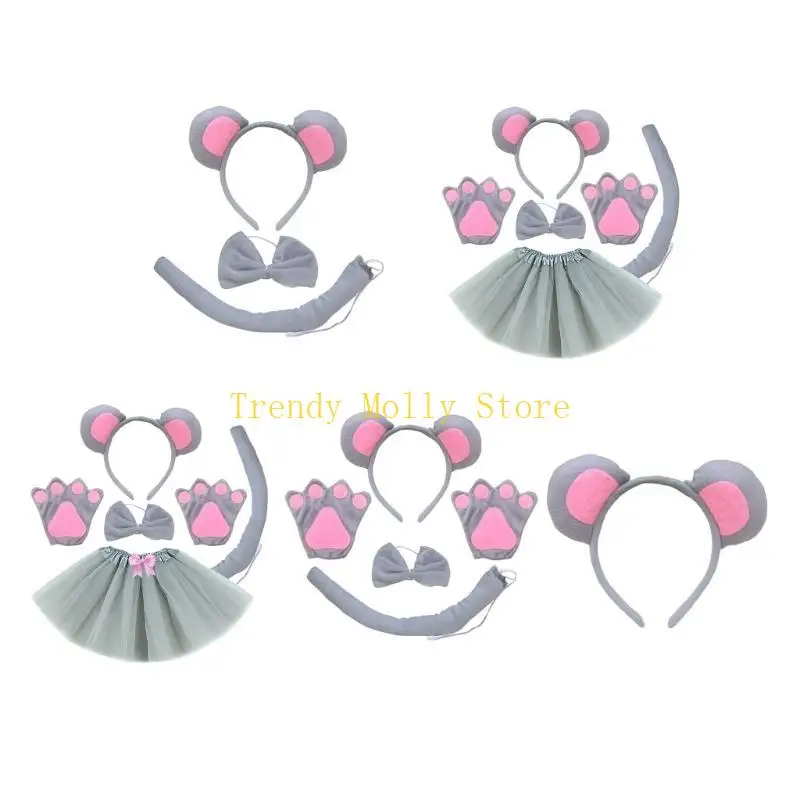 N5KB 1/3/4/5 Stuks Muis Kostuum voor Kinderen-Muis Oren Hoofdband Staart Bowtie staart Handschoenen Tutu Rok Dier Cosplay