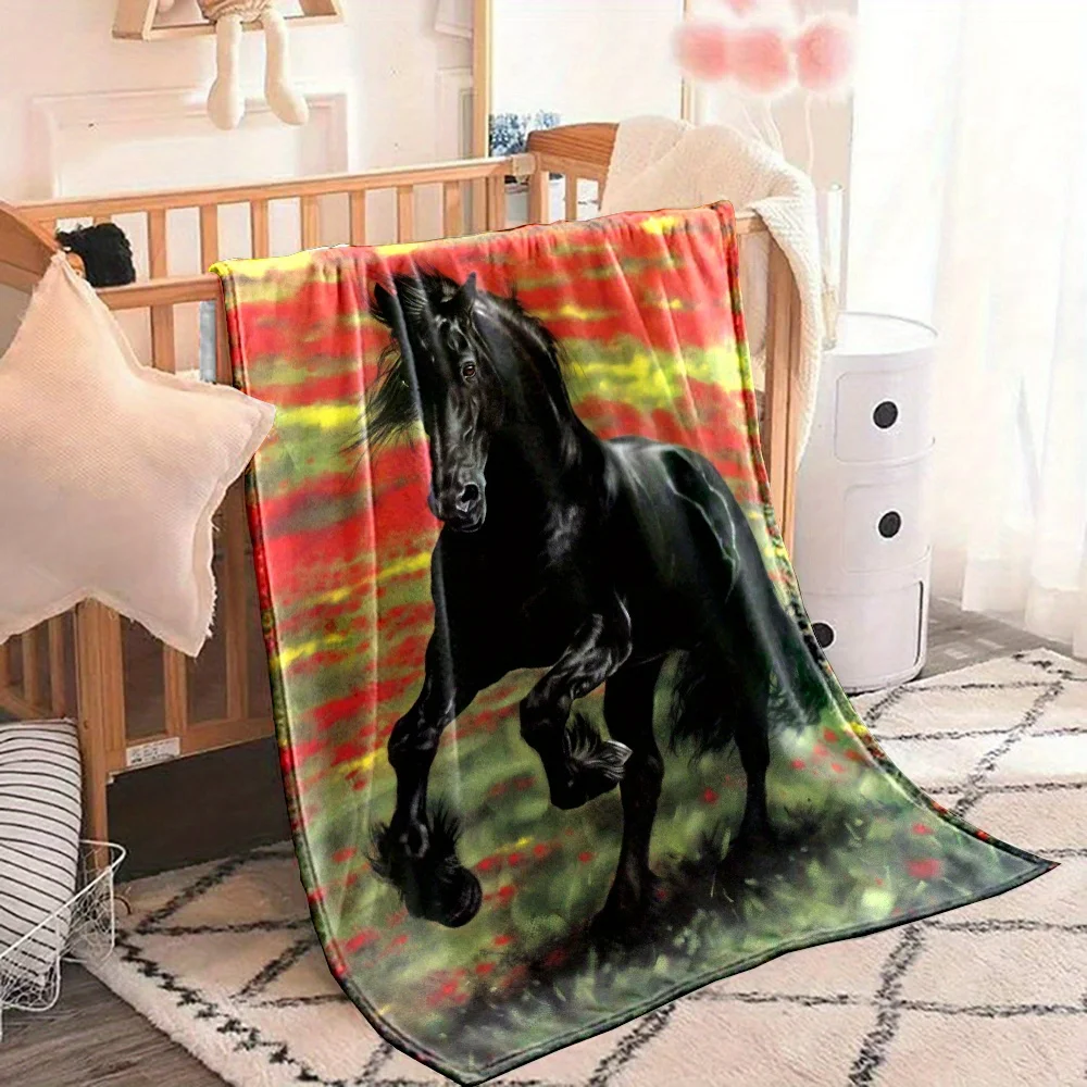 Black Stallion Galloping Pattern Flannel Throw Blanket - Reversible All-Season Non- Digital Print Polyester, Country-Rustic Styl