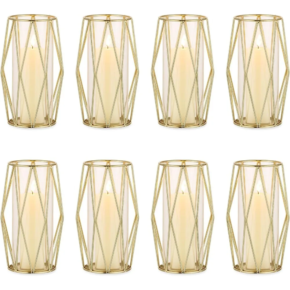 حامل شموع عمود ذهبي عالي الجودة، 8 قطع حامل شموع إعصار زجاجي مع حامل رفوف معدني هندسي لحفلات الزفاف - تخفيضات كبيرة #2