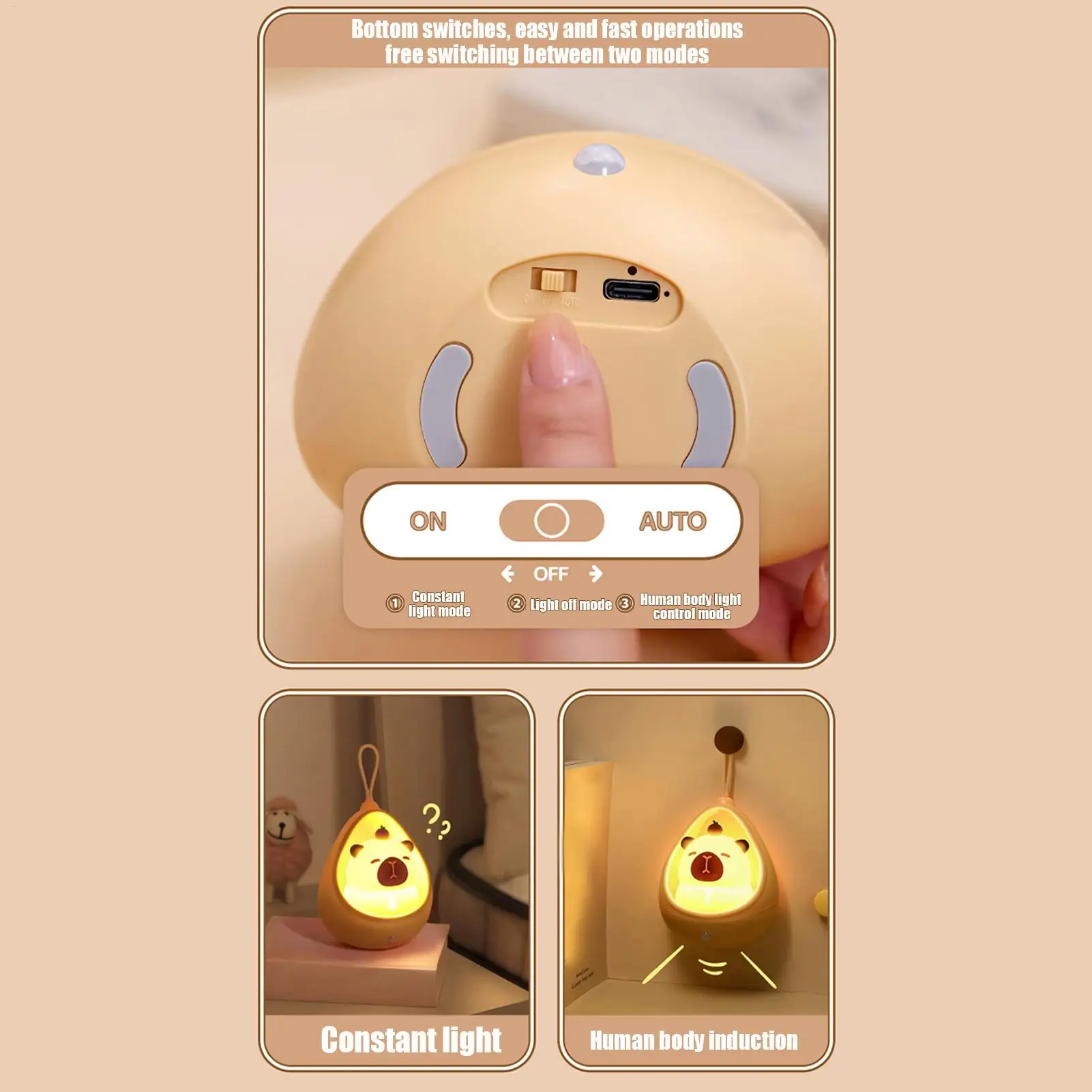 Luz nocturna de animales, decoración de habitación de capibara, adorno de detección automática blando recargable, iluminación para guardería, escritorio, dormitorio, niños pequeños