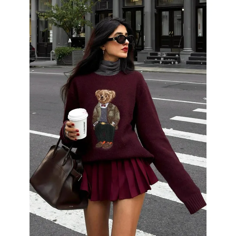 Y2k Zekye Winter Women's Sweater Clothing Bear Embroidery Round Neck Slim Fit Sweater Cartoon College Style Knitted Oversized