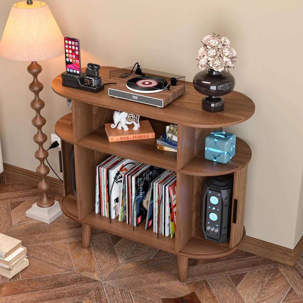 حامل القرص الدوار الكبير الحديث لمنتصف القرن مع منافذ شحن USB وخزانة تخزين السجلات #6