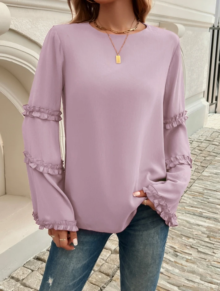 Women Pullover 2024 Autumn Winter Latest Temperament Socialite Loose Trumpet Long Sleeved Top Simple T-Shirt Solid Color Blouses