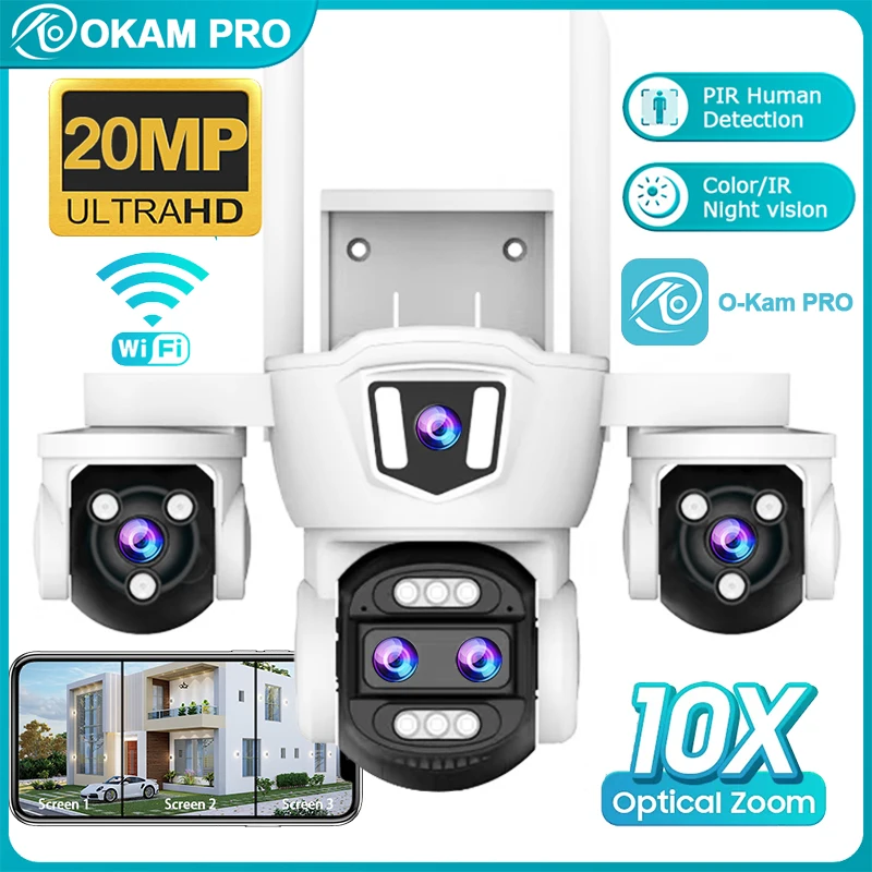 OKAM PRO كاميرا مراقبة للمنزل HD 20MP 10x زووم بصري ثلاثي الشاشة كاميرا خارجية ملونة للرؤية الليلية تتبع الحركة IP CCTV #1