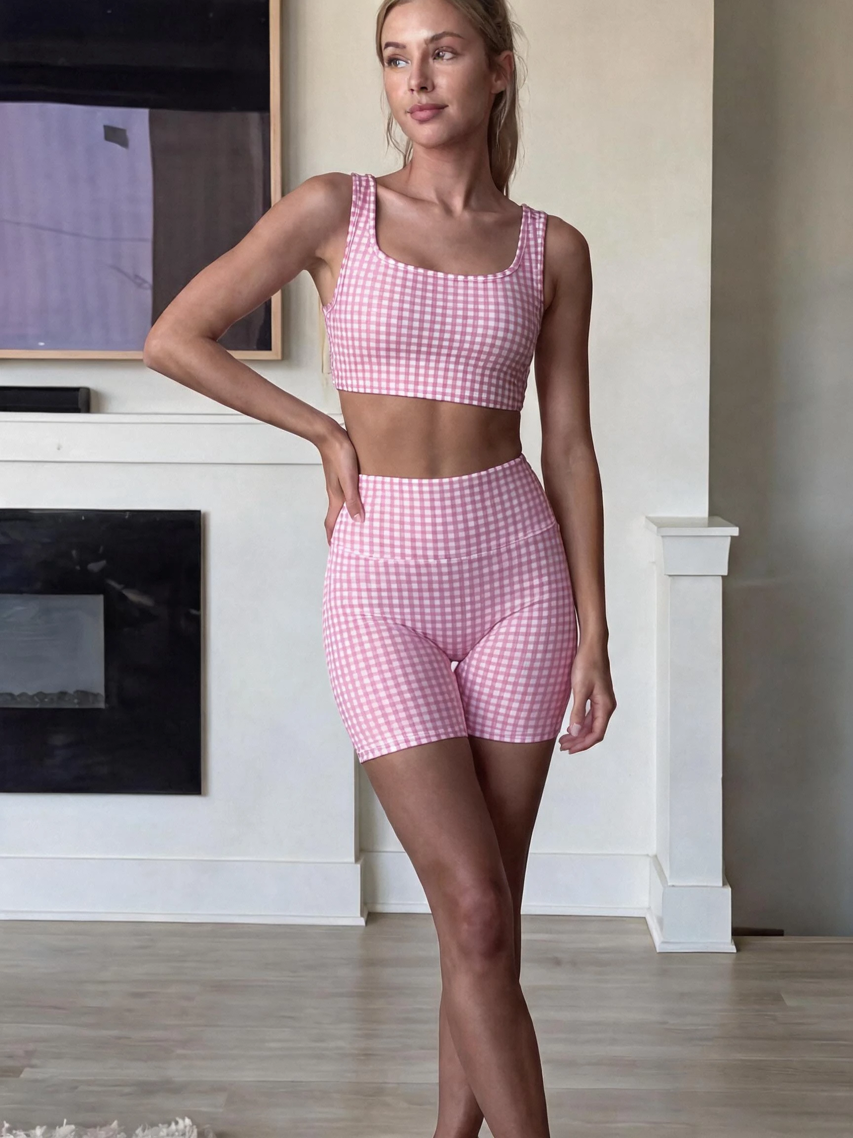 Women Plaid High Waist Stretch Workout Set for Summer Yoga Running Fitness