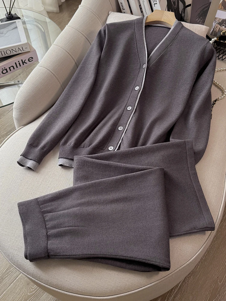 

Casual Knitted Two-Piece Set Women's V-Neck Open Cardigan High Waist Wide Leg Pants Autumn New Fashion Elegant Leisure Suit